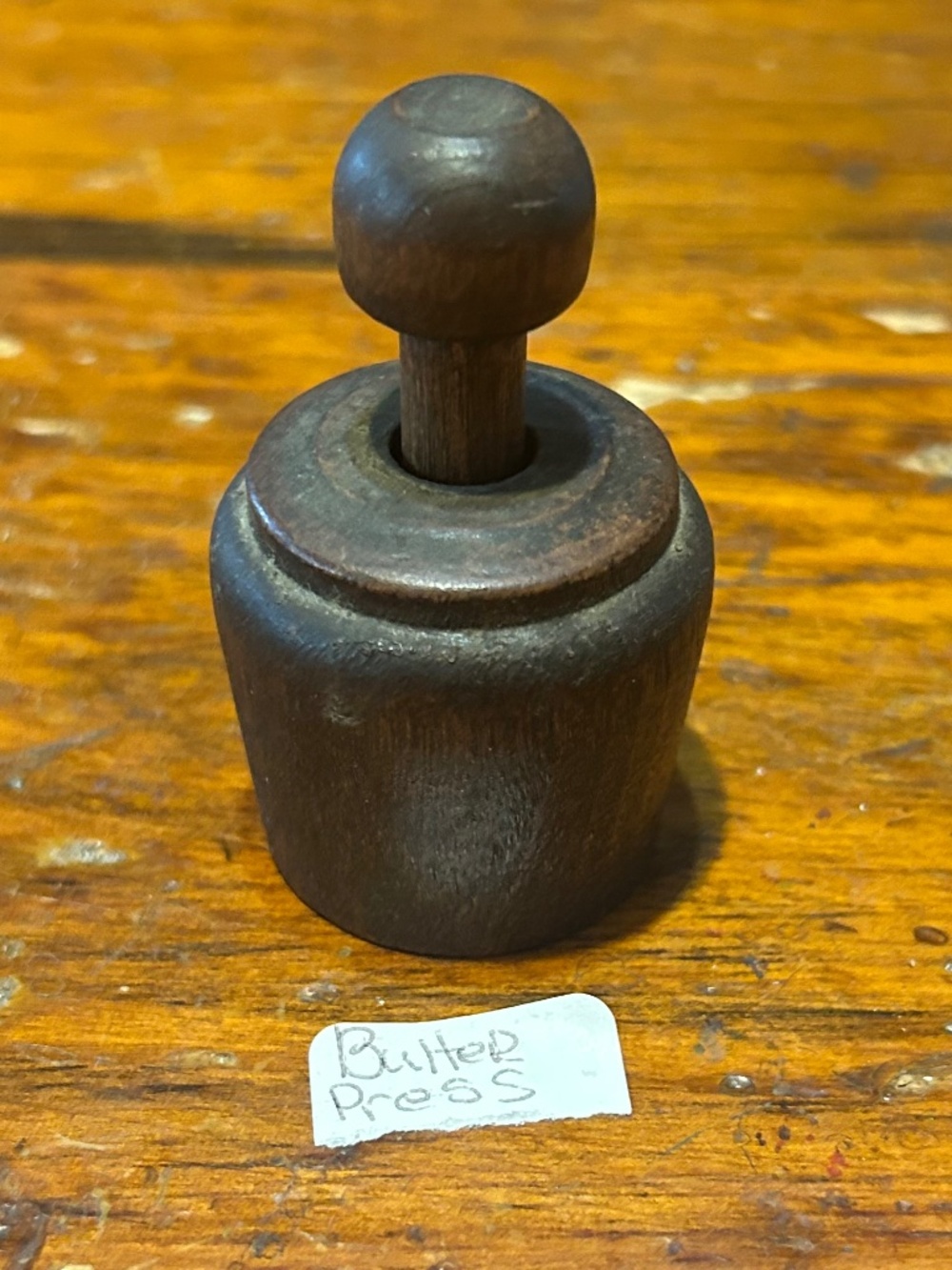 Antique push 2 piece round wood butter mold press pineapple (?) design